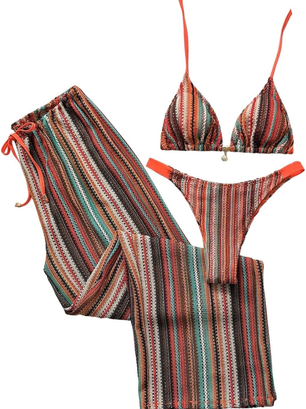 Women’s Striped Crochet Bikini Set with Matching Cover Pants - Multicolor